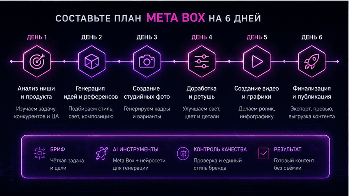 Схема шестидневного плана Meta Box AI-Фотограф: от референсов до портфолио