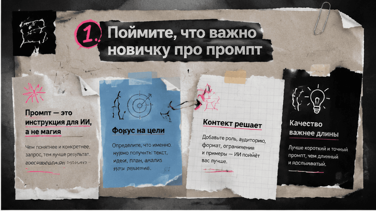Zine-коллаж / мем-слой: 1. Поймите, что важно новичку про промпт
