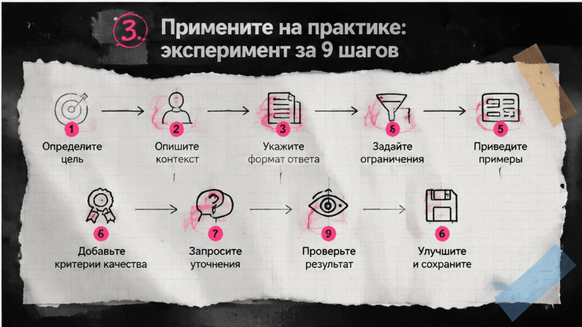 Схема workflow / шаги: 3. Примените на практике: эксперимент за 9 шагов