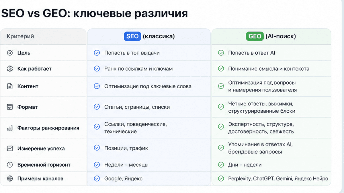 Сравнение SEO и GEO для блога