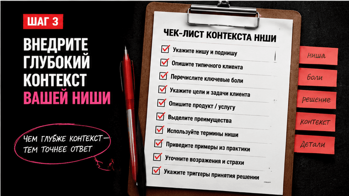 Чеклист / printable board: Шаг 3. Внедрите глубокий контекст вашей ниши
