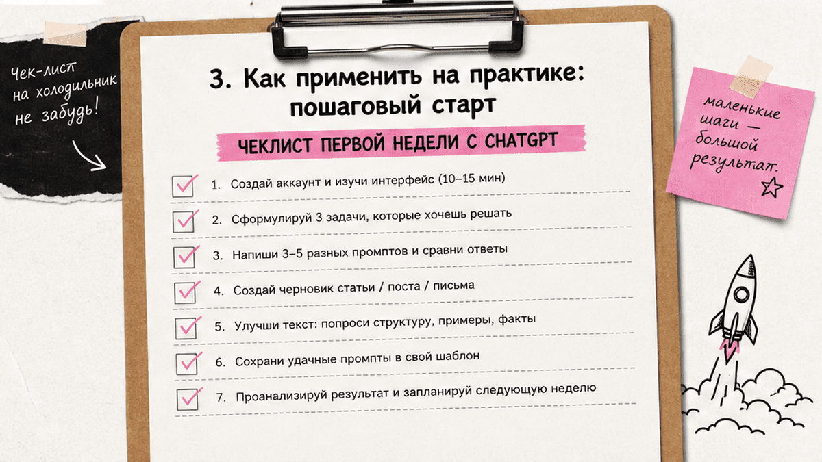 Чеклист / printable board: 3. Как применить на практике: пошаговый старт