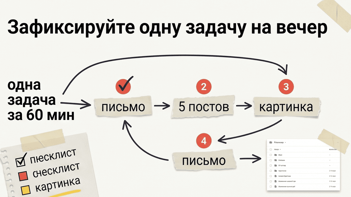 Схема выбора одной задачи на вечер: письмо, посты или картинка