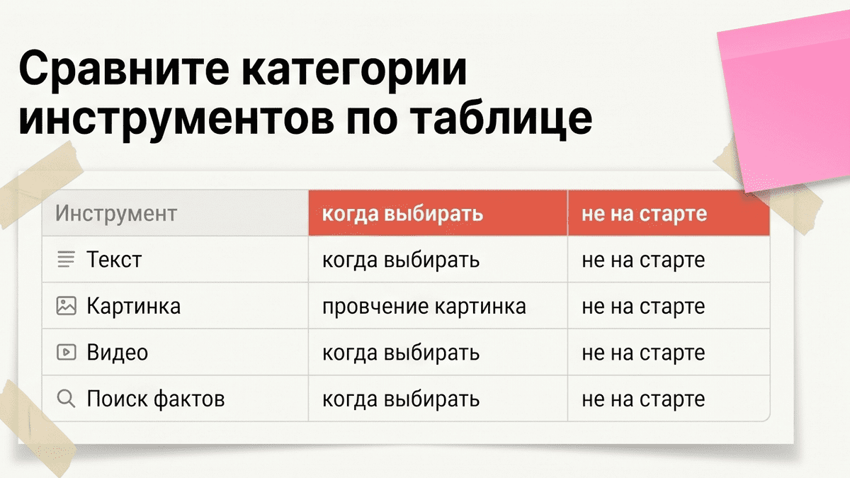 Таблица сравнения категорий нейросетей: текст, картинка, видео, поиск