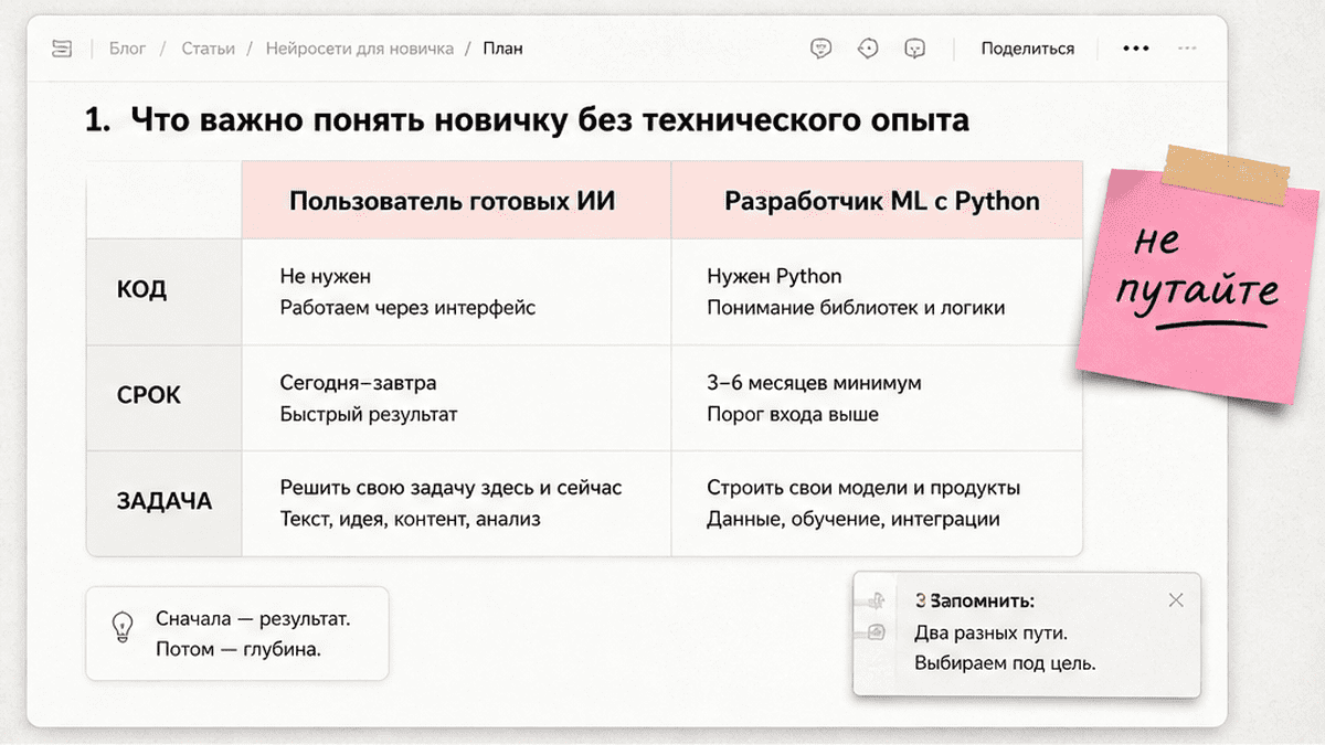Сравнение: пользователь ИИ vs разработчик ML — что нужно новичку