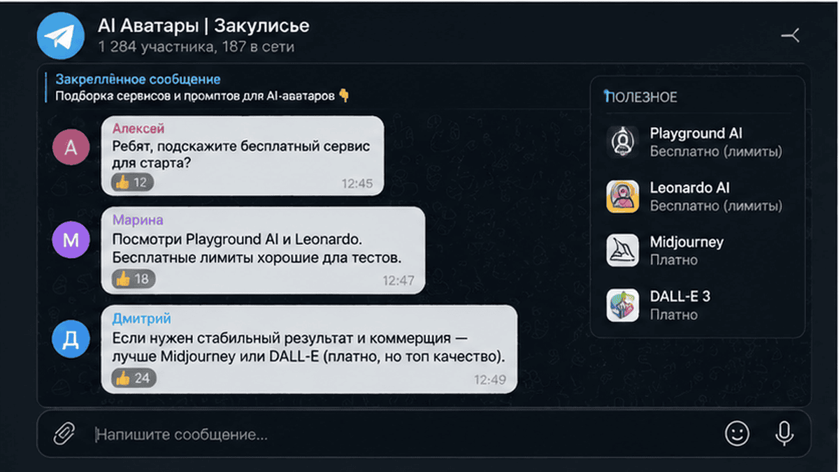 Telegram-чат / диалог: Как выбрать сервис для AI-аватара: бесплатно или платно