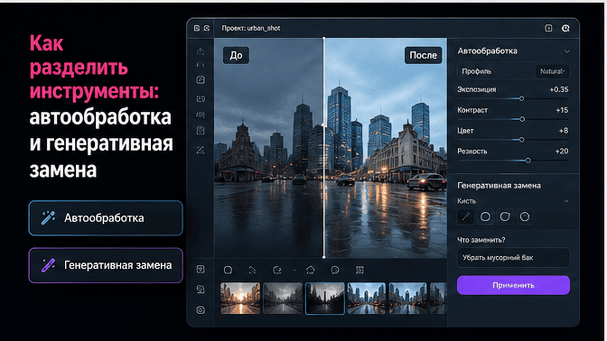Сравнительная таблица / UI-мокап: Как разделить инструменты: автообработка и генеративная замена