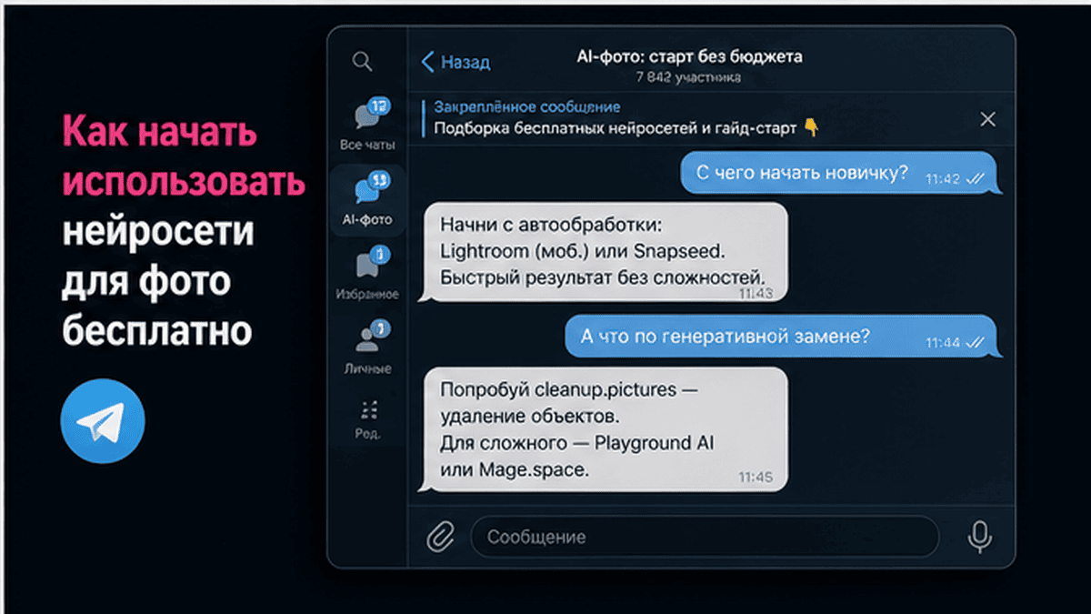 Telegram-чат / диалог: Как начать использовать нейросети для фото бесплатно