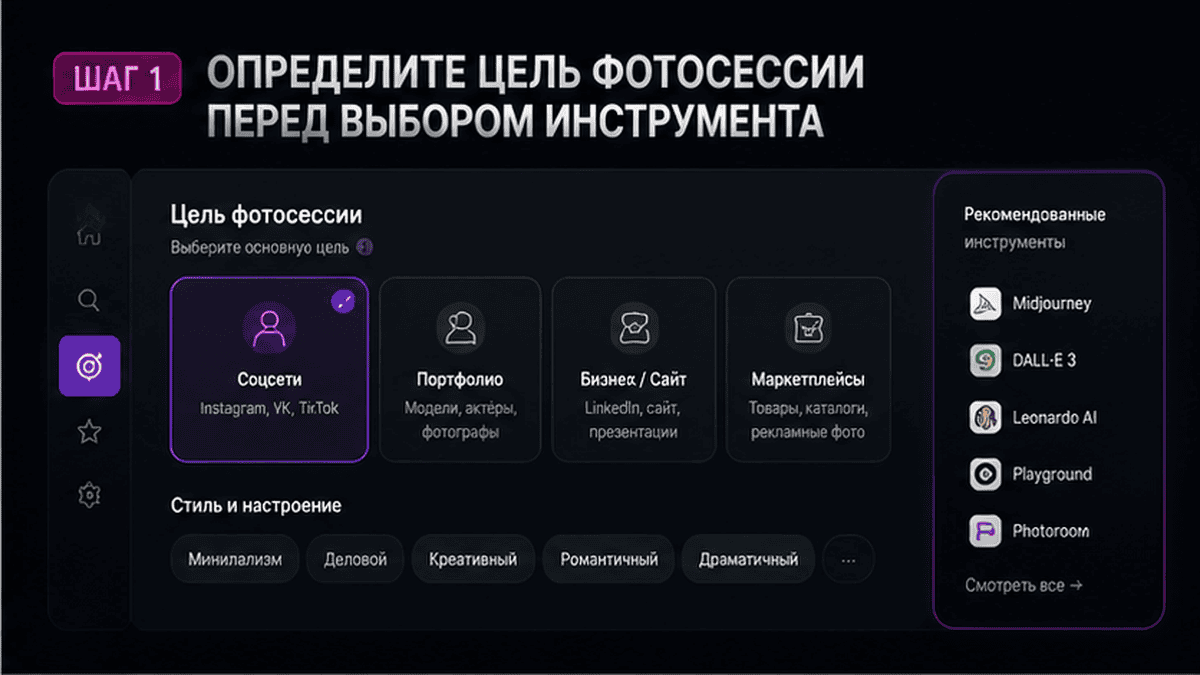 Сравнительная таблица / UI-мокап: Шаг 1. Определите цель фотосессии перед выбором инструмента