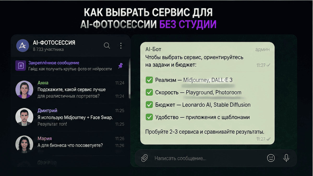 Telegram-чат / диалог: Как выбрать сервис для AI-фотосессии без студии