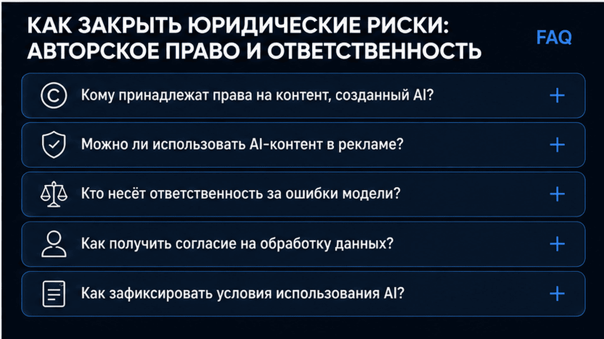 FAQ + schema / JSON-LD UI: Как закрыть юридические риски: авторское право и ответственность