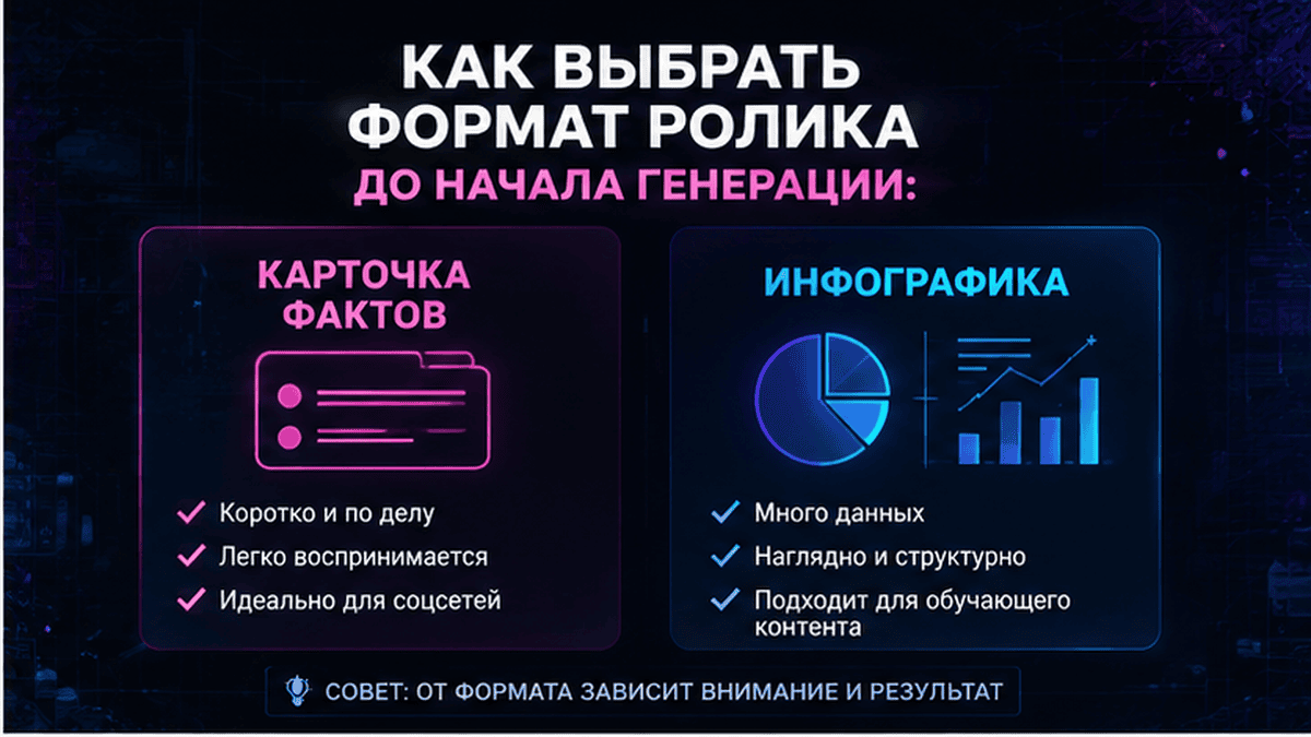 Карточка-инфографика: Как выбрать формат ролика до начала генерации