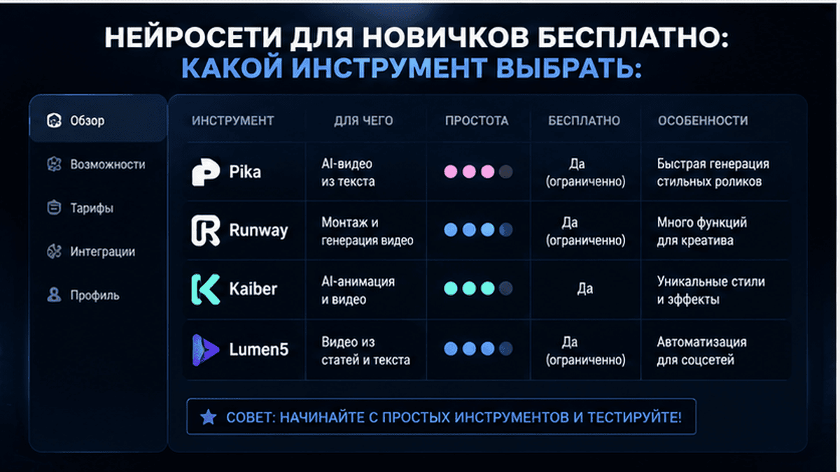 Сравнительная таблица / UI-мокап: Нейросети для новичков бесплатно: какой инструмент выбрать
