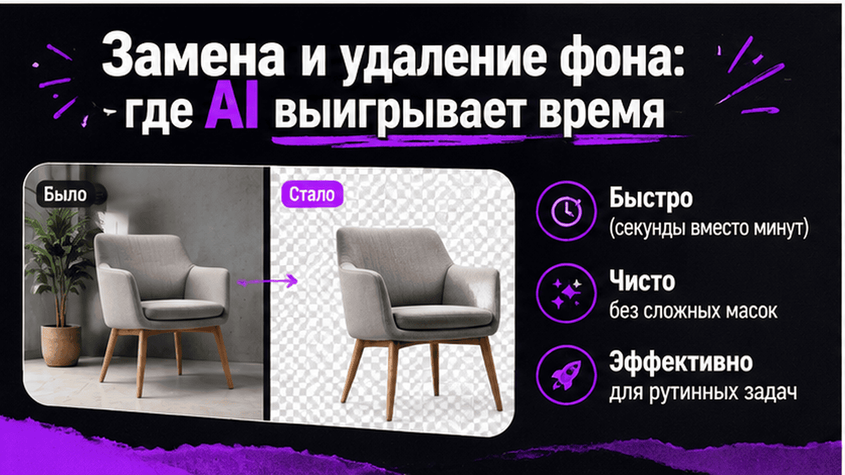 Карточка-инфографика: Замена и удаление фона: где AI выигрывает время