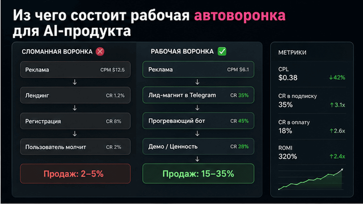 Сравнительная таблица / UI-мокап: Из чего состоит рабочая автоворонка для AI-продукта