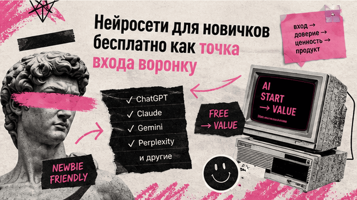 Zine-коллаж / мем-слой: Нейросети для новичков бесплатно как точка входа воронку
