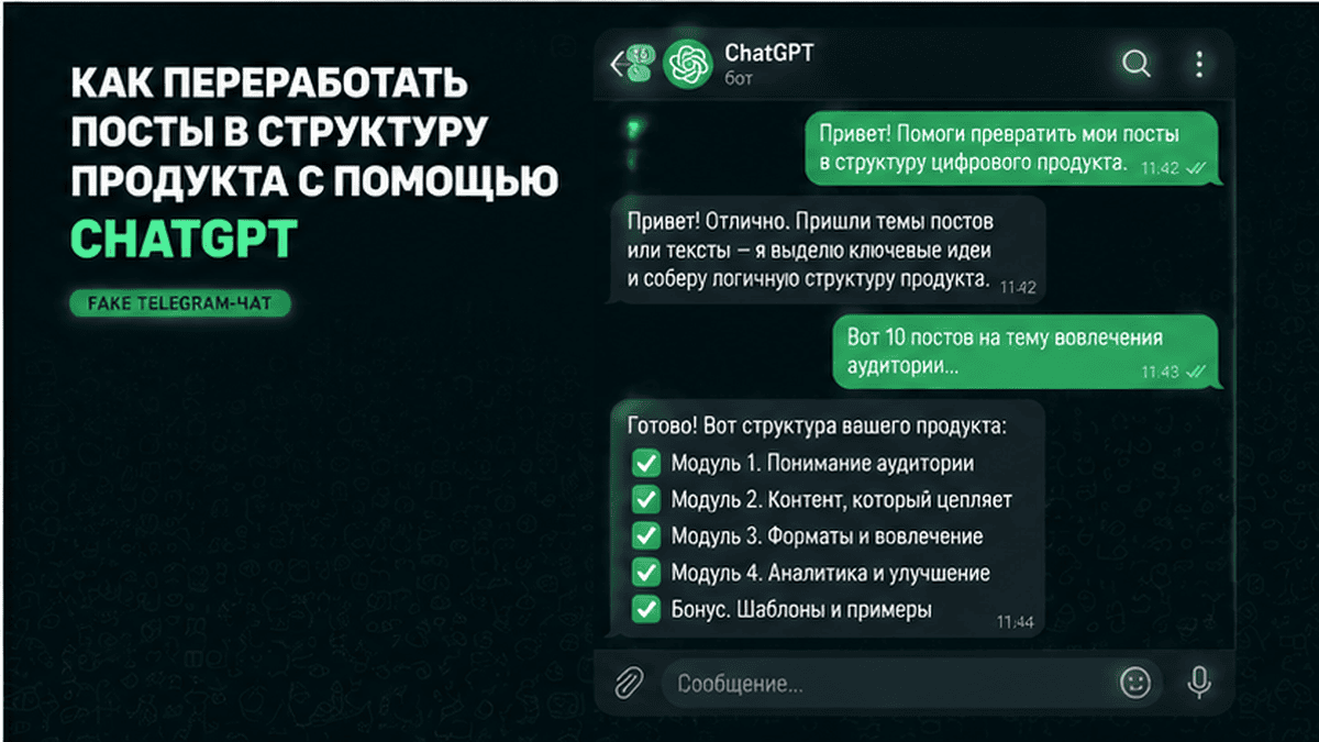 Telegram-чат / диалог: Как переработать посты в структуру продукта с помощью ChatGPT