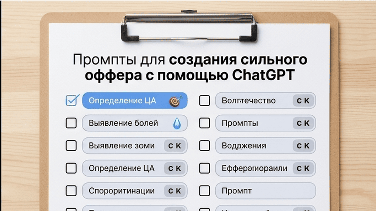 Чеклист / printable board: Промпты для создания сильного оффера с помощью ChatGPT