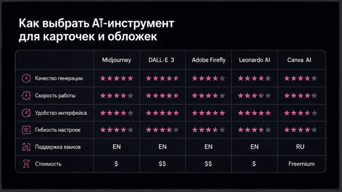 Сравнительная таблица / UI-мокап: Как выбрать AI-инструмент для карточек и обложек
