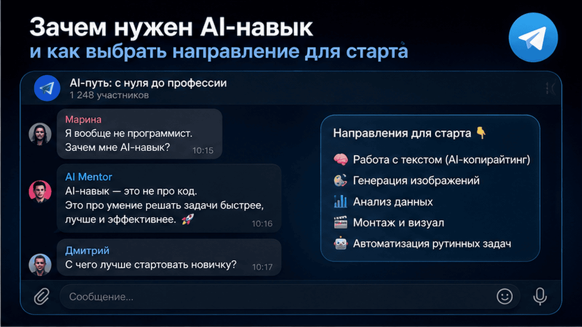 Telegram-чат / диалог: Зачем нужен AI-навык и как выбрать направление для старта