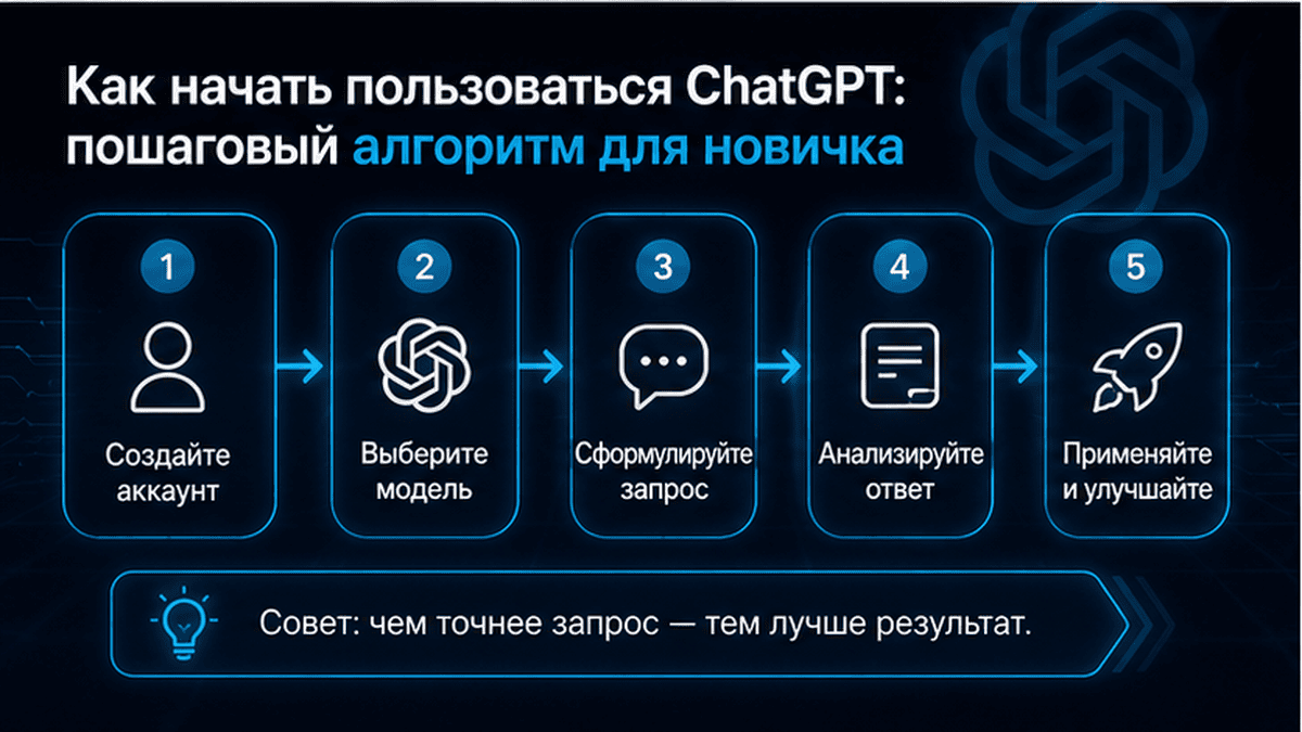 Схема workflow / шаги: Как начать пользоваться ChatGPT: пошаговый алгоритм для новичка