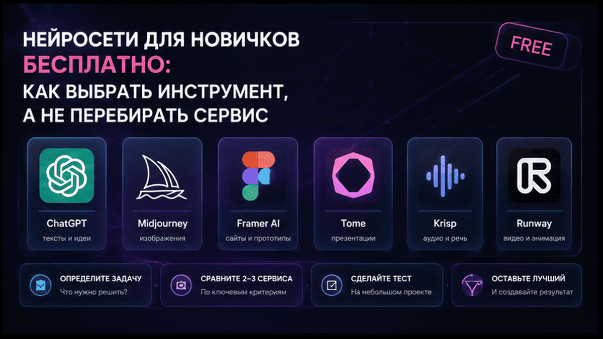 Сравнительная таблица / UI-мокап: Нейросети для новичков бесплатно: как выбрать инструмент, а не перебирать сервисы