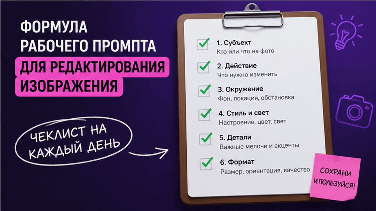 Чеклист / printable board: Формула рабочего промпта для редактирования изображения