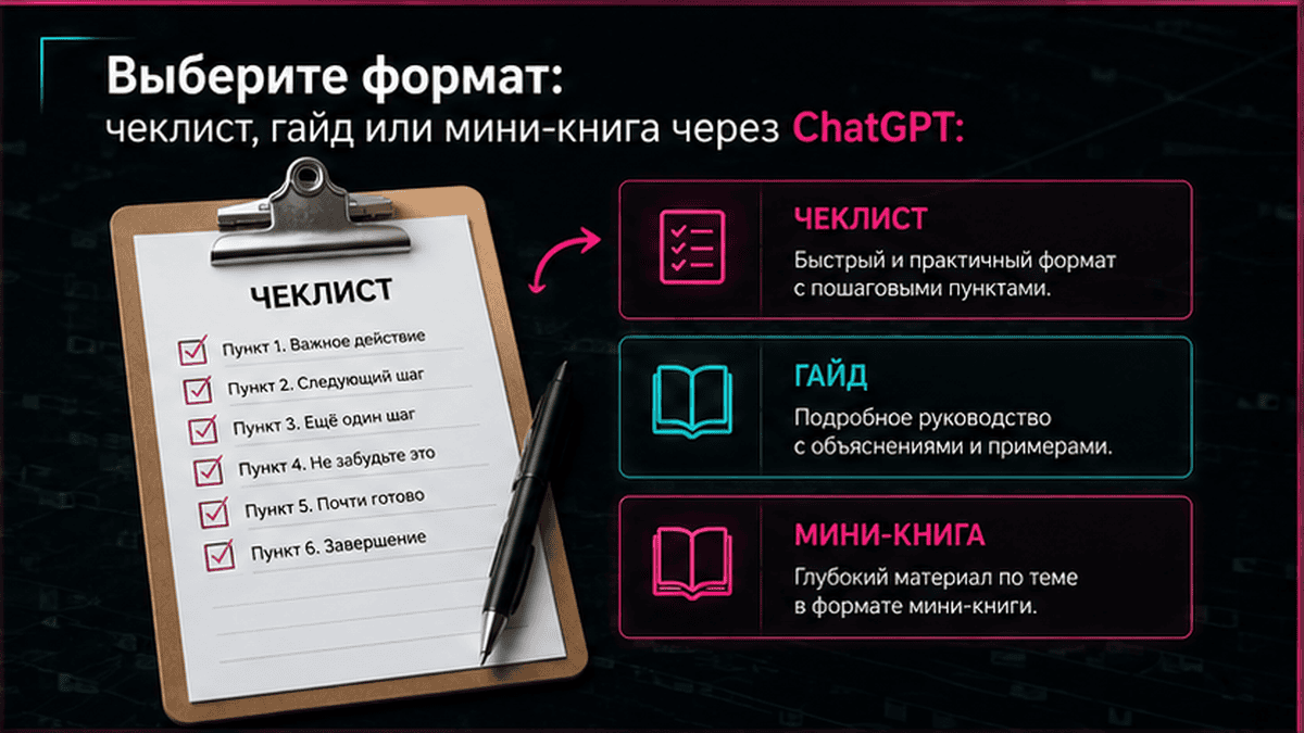 Чеклист / printable board: Выберите формат: чеклист, гайд или мини-книга через ChatGPT