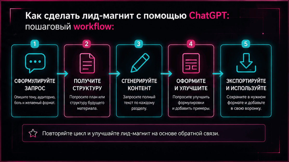 Схема workflow / шаги: Как сделать лид-магнит с помощью ChatGPT: пошаговый workflow