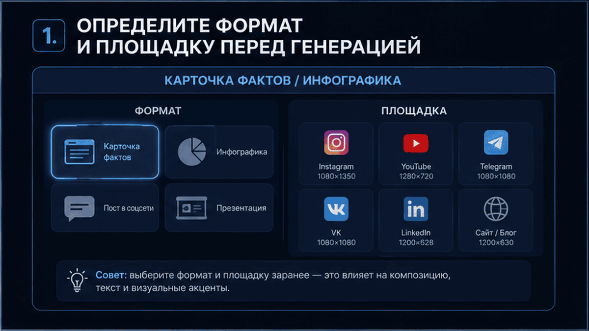Карточка-инфографика: Определите формат и площадку перед генерацией