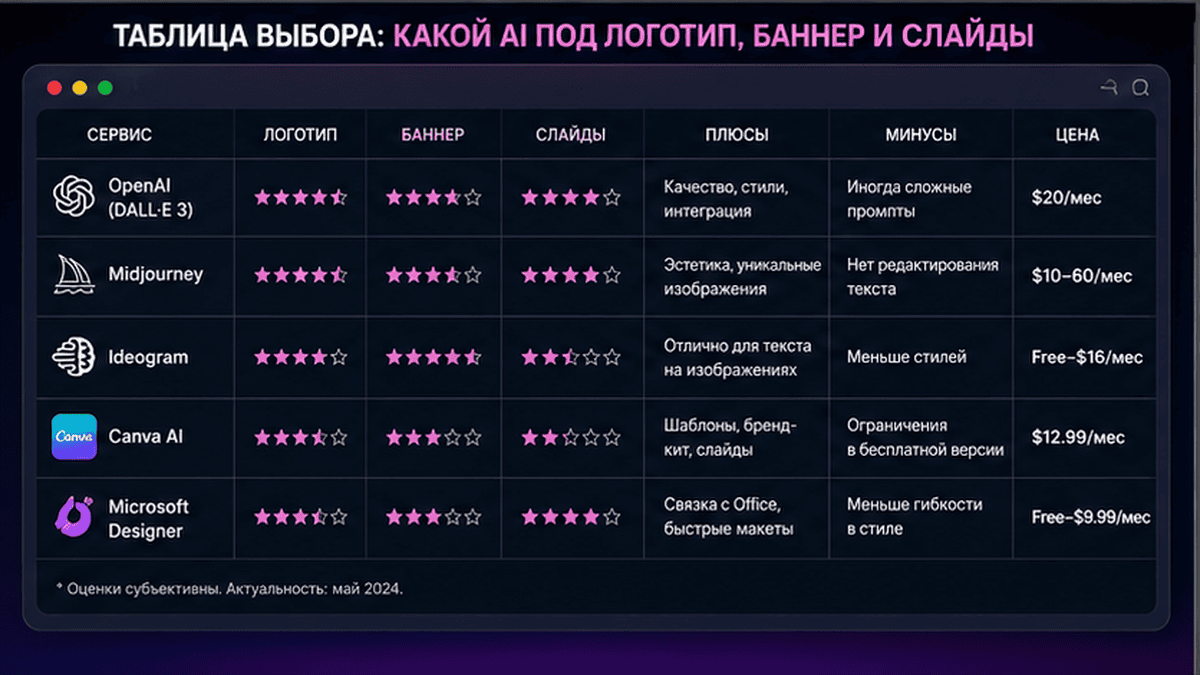 Сравнительная таблица / UI-мокап: Таблица выбора: какой AI под логотип, баннер и слайды