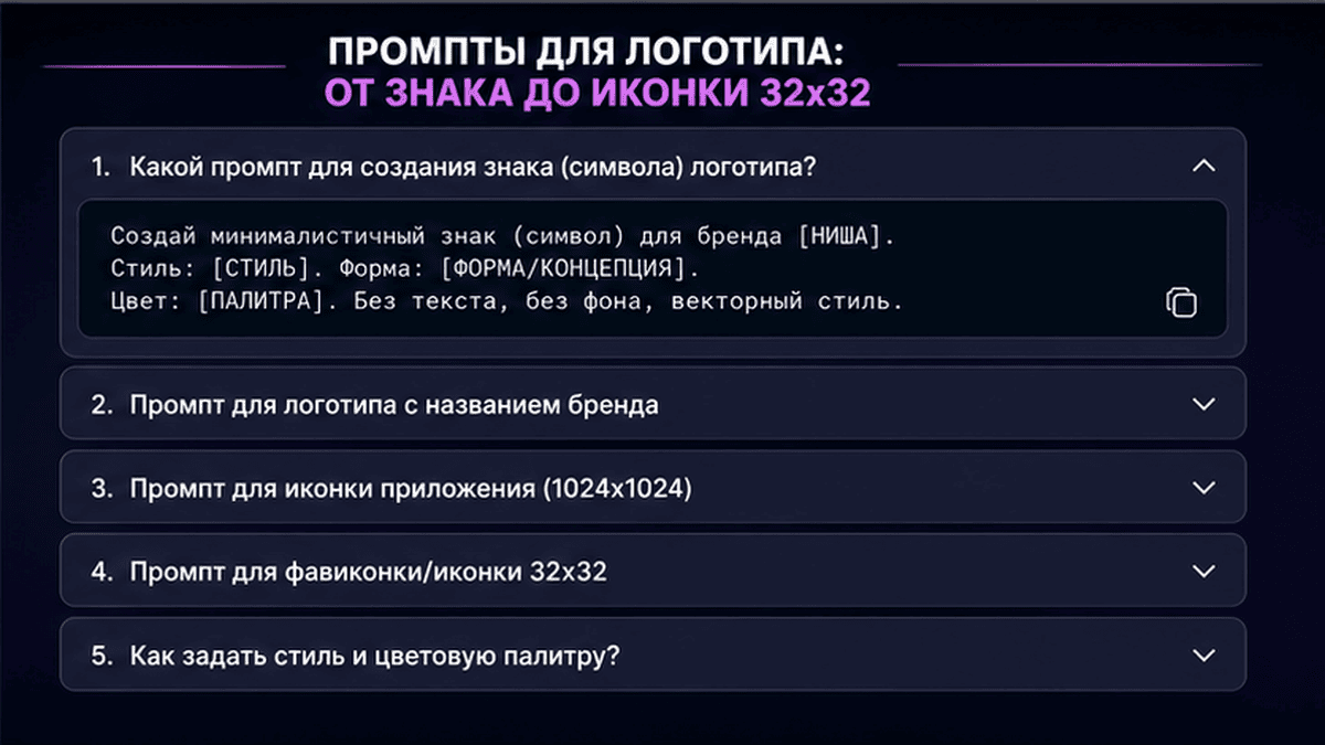 FAQ + schema / JSON-LD UI: Промпты для логотипа: от знака до иконки 32x32
