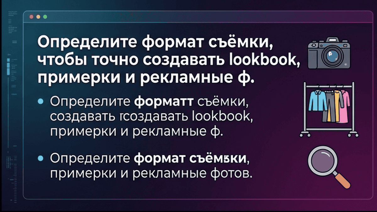 Telegram-чат / диалог: Определите формат съёмки, чтобы точно создавать lookbook, примерки и рекламные фото через AI