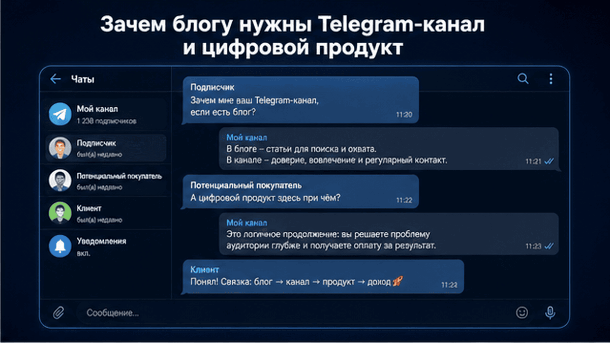 Telegram-чат / диалог: Зачем блогу нужны Telegram-канал и цифровой продукт