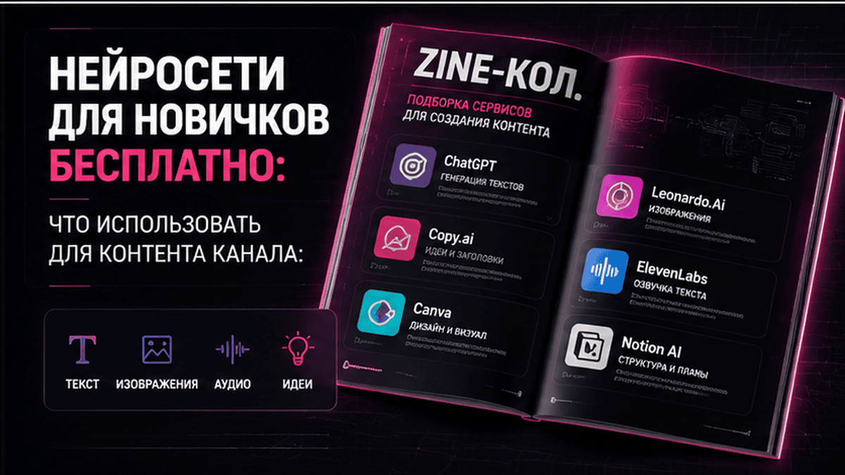 Zine-коллаж / мем-слой: Нейросети для новичков бесплатно: что использовать для контента канала