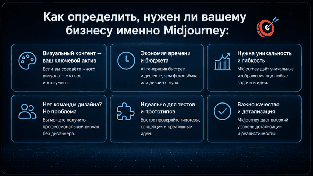 Карточка-инфографика: Как определить, нужен ли вашему бизнесу имено Midjourney