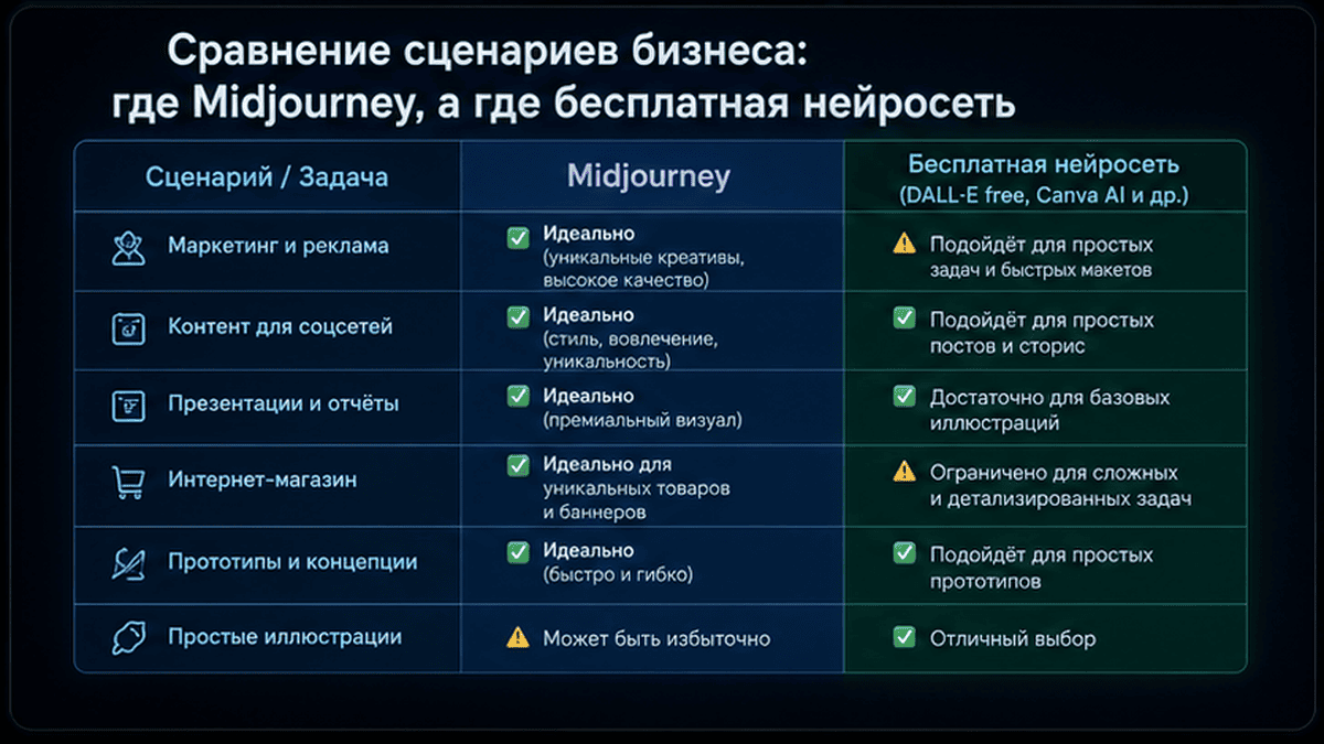 Сравнительная таблица / UI-мокап: Сравнение сценариев бизнеса: где Midjourney, а где бесплатная нейросеть