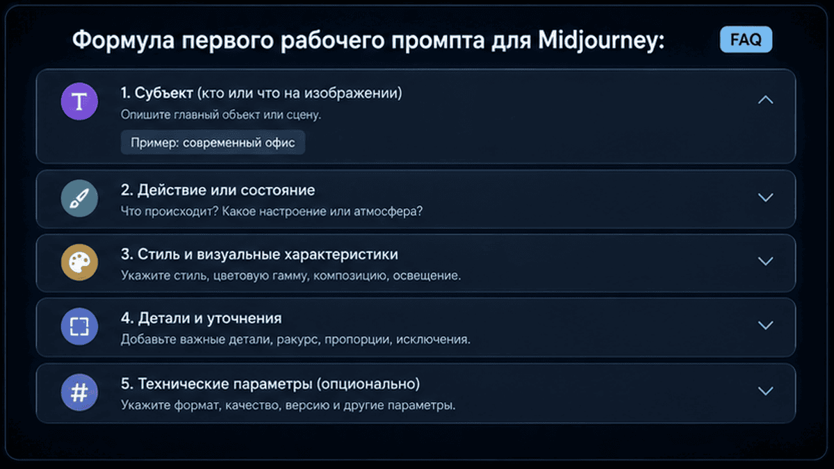 FAQ + schema / JSON-LD UI: Формула первого рабочего промпта для Midjourney