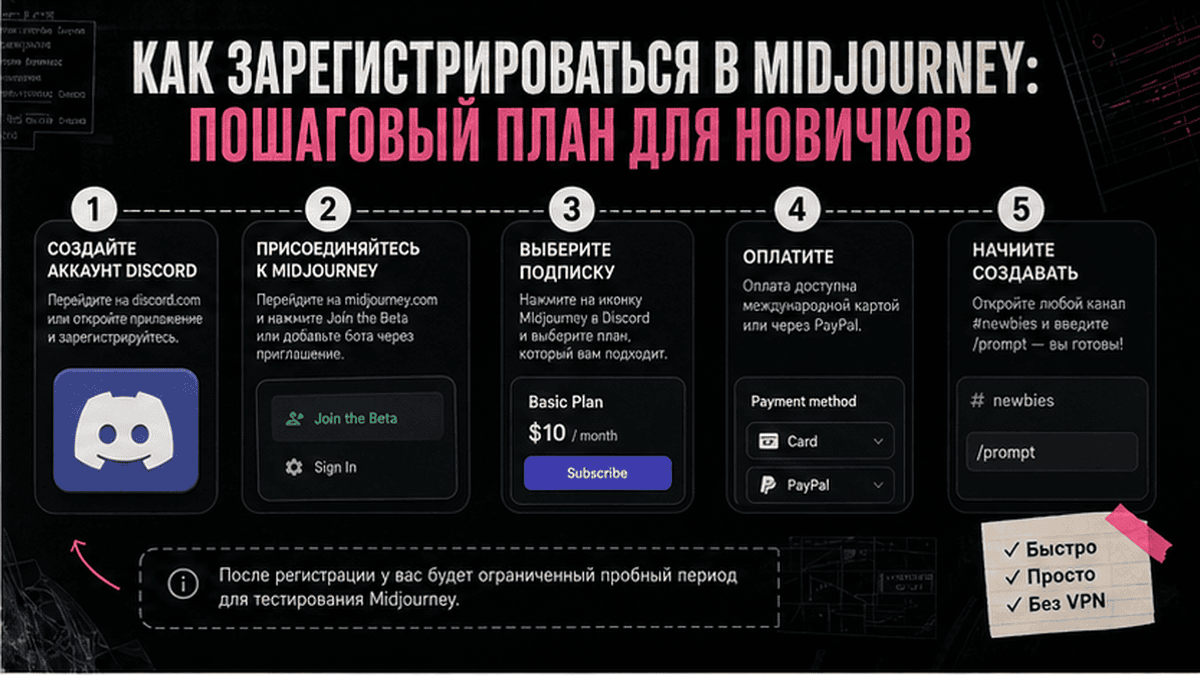 Схема workflow / шаги: Как зарегистрироваться в Midjourney: пошаговый план для новичков