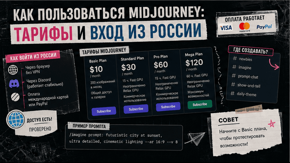 Zine-коллаж / мем-слой: Как пользоваться Midjourney: тарифы и вход из России