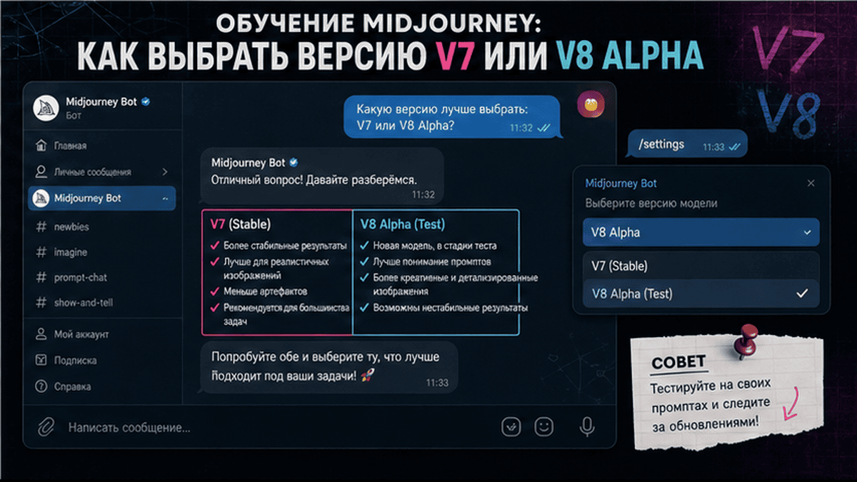 Telegram-чат / диалог: Обучение Midjourney: как выбрать версию V7 или V8 Alpha