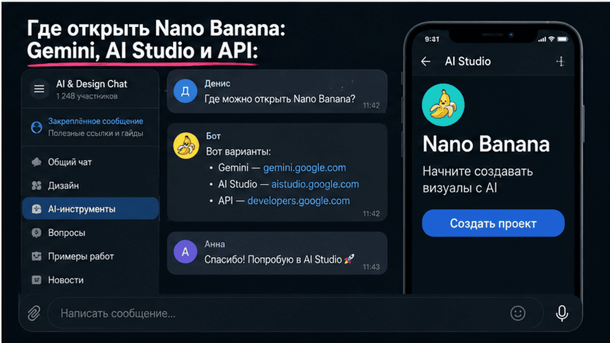 Telegram-чат / диалог: Где открыть Nano Banana: Gemini, AI Studio и API