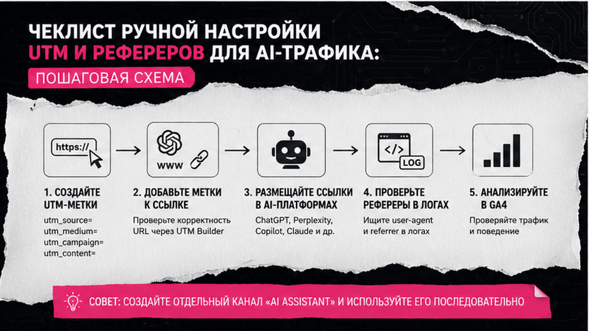 Схема workflow / шаги: Чеклист ручной настройки UTM и рефереров для AI-трафика